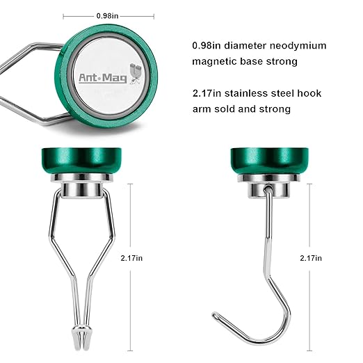Ant Mag Swivel Magnetic Hooks 50lbs Heavy Duty Grill Magnet Hooks 4 Pack with Scratch Proof Stickers Great for Home Refrigerator Kitchen Store Grill BBQ Office Warehouse (Green)