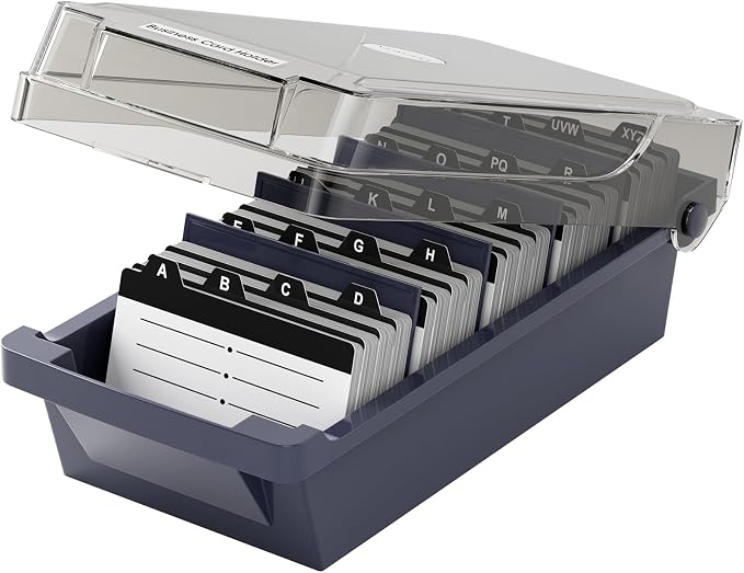 MaxGear Business Card Holder Desk, Large Plastic Business Card Box with Lid | Credit Cards Organizer Box for Office, File Storage Holds Up to 500 3.5” x 2.2” Cards, with Dividers A-Z Index Tabs, Gray