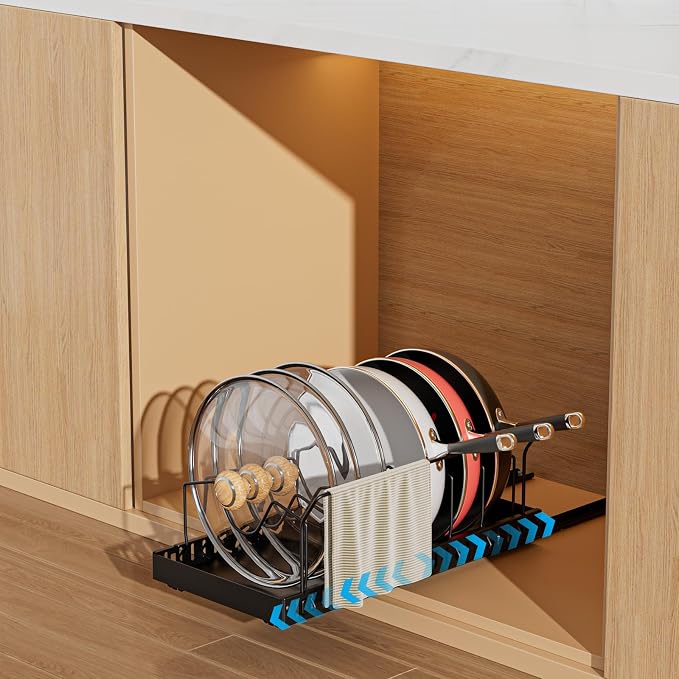 Black Pull Out Pot Lid Organizer, Cabinet Pan Rack, 8 Dividers | 2-pack black carbon steel rack, 16 adjustable dividers, quiet slide rails, adhesive or screw mount for lids, pans, bakeware