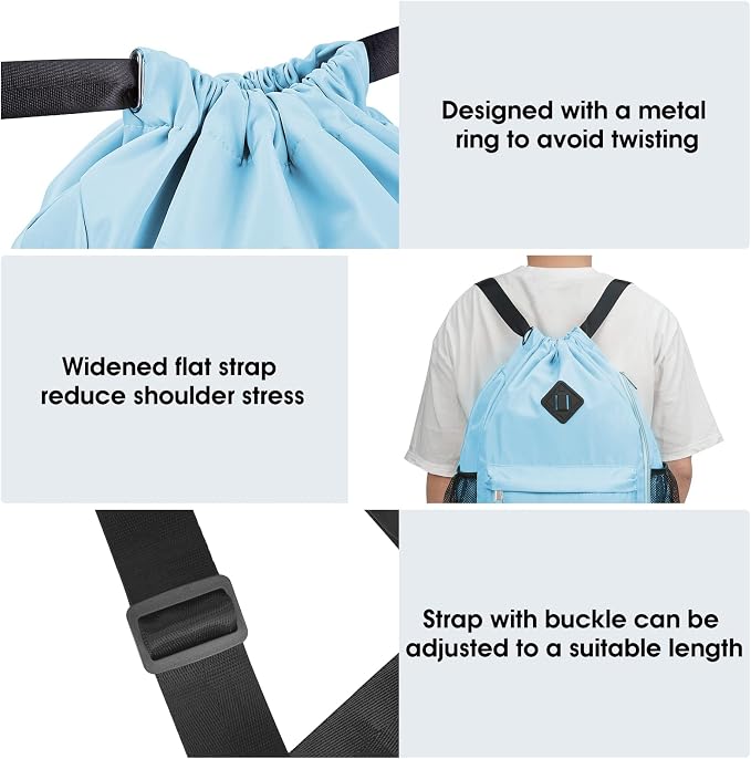 WANDF Drawstring Backpack with Shoe Compartment, Sports Gym Bag | Multi-Pocket Storage, Water-Resistant Fabric, Cinch String Bag