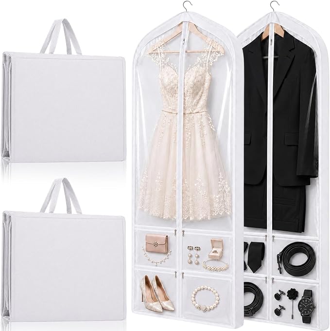 Tranqun 2 Pack 65" Long Wedding Garment Bags for Gowns 4" Gusseted Clear Dress Travel Bag for Hanging Clothes Foldable Wedding Dress Cover with 4 Zipper Pockets for Closet Storage and Travel (White)