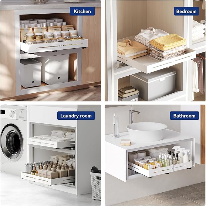 Pull Out Cabinet Organizer With Raising Pad for Framed Cabinets,Adjustable Depth(12.8"-17.5") And Width(14.8"-20.5"),Slide Out Drawers,No Drill Design,Heavy Duty Storing,White