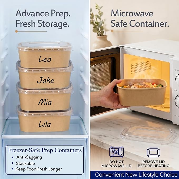 50 Pack 29Oz Disposable Meal Prep Containers With Lids and Forks-Disposable Kraft Paper Bowls-to go food containers-Microwavable and Freezer Safe Take Out Containers