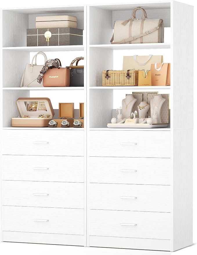 Aheaplus Closet Drawers Organizer System, 3.54FT Wood Closet System with 4 Drawers, Modular Walk-in Closets Storage Unit, Tall Bookshelf Storage Cabinet, White (2 Packs)
