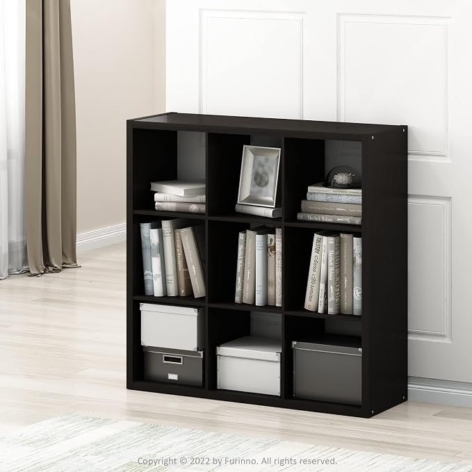 Furinno CUBICLE 9-Cube Book Shelf, Extra Thick Frame Bookshelf, Dark Oak | 14.6" x 44" x 44", Reversible Bookcase with Open Back, for Living Room, Bedroom, Home Office