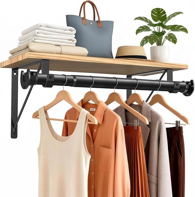 Supforce Adjustable Closet Rod with Triangular Brackets, 17-54in, Black | 1.3in Metal Closet Rod Supports Up To 150 lb, Heavy Duty Rod Reduces Sagging and Mount Securely for Wardrobes Closet Laundry