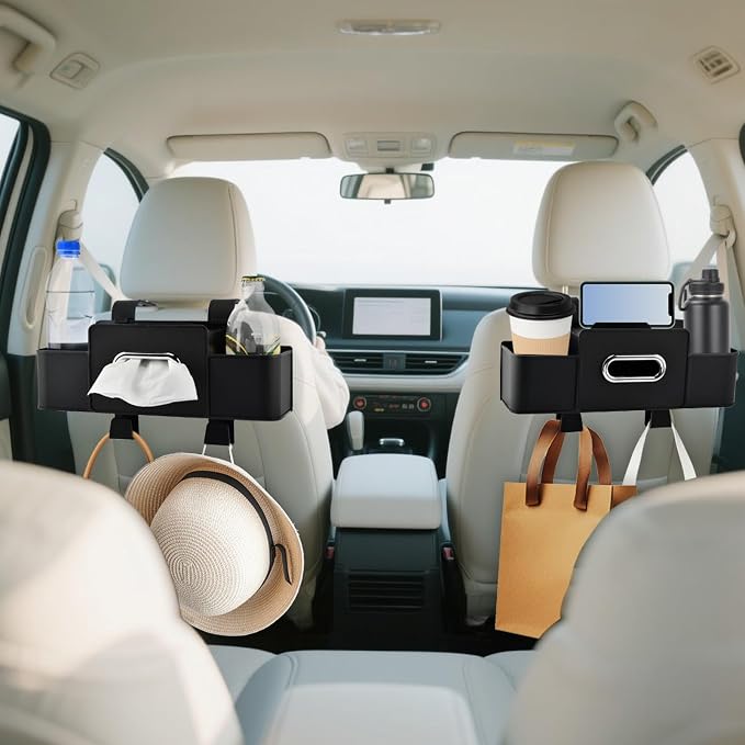 Back Seat Car Organizer, Multifunctional Car Seat Back Storage Box with Hook Tissue Box Cup Holder can Hold Phone Drinks Handbag fits Most Vehicles(COLOR:Black)