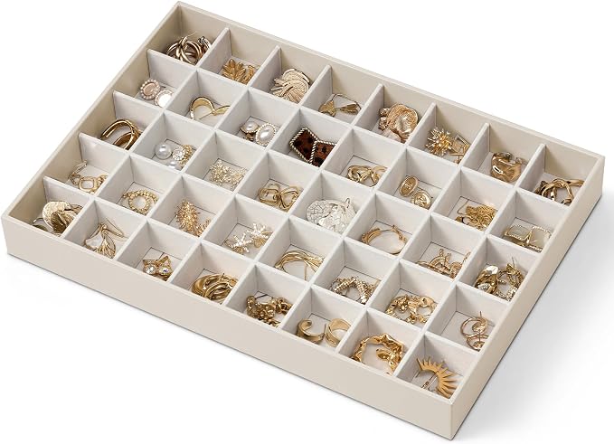 VLANDO Stackable Jewelry Tray, 40-Grid, Soft Velvet, Removable Dividers | Individual Compartments, Drawer Organizer, Easy Sorting for Studs, Charms, Pins, Gift for Women Girl