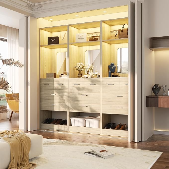 Unikito 2FT Closet System with 4 Drawers, 25 Inch Wood Closets Organizer with Storage Shelves and Mirror Design, Freestanding Sturdy Walk in Closet Tower for Bedroom, 25" W x 16" D x 80" H, White Oak