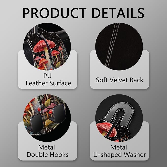 Blusabaca 2PCS Car Seat Headrest Hooks, Purses Bags Holder, Mushroom | PU Leather, Double Metal Back Storage Hangers for Grocery Bags Handbags Bottles Coats Phones, Car Accessories Organization