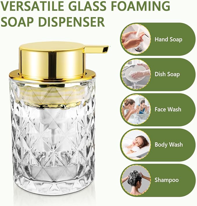 Glass Foaming Soap Dispenser 2 Pack Refillable Foaming Hand Soap Dispenser with Gold Large Pump Wide Opening for Bathroom Kitchen Countertop Modern Home Decor with Elegant Pattern, Transparent