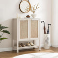 SICOTAS Rattan Shoe Cabinet with Storage - 5 Tier Farmhouse Boho Shoe Organizer Storage Cabinet with Shelves & Doors, Tall Shoe Rack Cabinet for Entryway, Living Room, Closet (White Cream Oak)