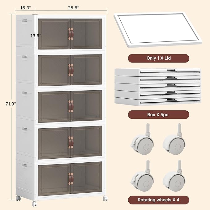 968QT Extra Large Stackable Storage Bins with Lids & Wheels & Door, 242Gal Foldable Collapsible Closet Organizers, Plastic containers drawers for bedroom Dorm