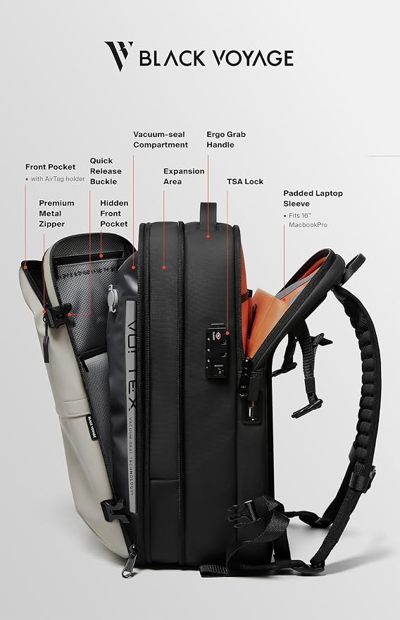 BlackVoyage Vortex Vacuum Seal Travel Backpack 60L Expandable Air Compression System Water Resistant TSA Lock Carry-On
