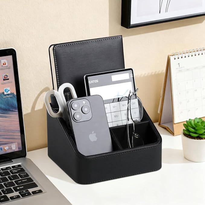 PU Leather Remote Control Holder, Nightstand Organizer with 4 Compartments | Luxury Desk Caddy with Velvet Lining, Small Desk Organizer for Living Room, Bedroom, Bedside, End Table, 6.8" x 6.7" x 4"