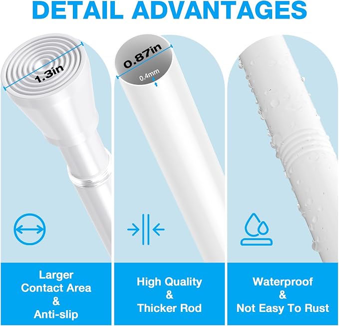 MEXAU Shower Curtain Rod 44-77 inch Tension Rod White Shower rod Non Slip Tension Curtain Rod Adjustable Curtain Rods No Drilling Shower Rods for Bathroom Windows Closet 1Pack