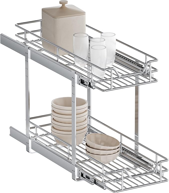 2-Tier Pull Out Cabinet Organizer, 9" W x 21.5" D, Heavy Duty Dual Slide Out Shelves for Narrow Base Cabinets, Chrome Wire Basket Drawer for Spices, Bottles & Snacks