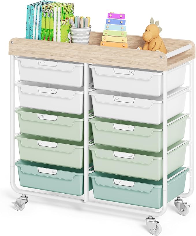 10-Drawer Rolling Cart, Art Cart with Wood Top & Side Handle, Multi-Purpose Craft Organizers and Storage with Lockable Wheels for Classroom, Dormitory, Craft Room and Art Supplies Organization(Green)
