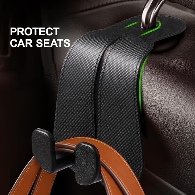 CoBak Extra Wide Car Seat Back Hooks, Premium Stitched Leather Headrest Hangers with Wide Slot Structure, Universal for Any-Width Purses, Handbags, Bags (2 Pack), Carbon Fiber Black