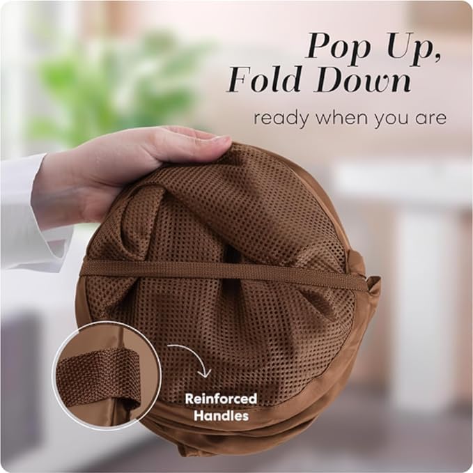 Handy Laundry Collapsible Mesh Pop Up Laundry Hamper with Side Pocket | Sturdy Reinforced Handles, Breathable Foldable Basket for Dorm, Travel, Cruise, Bedroom, 14 x 13 x 24 in, Brown