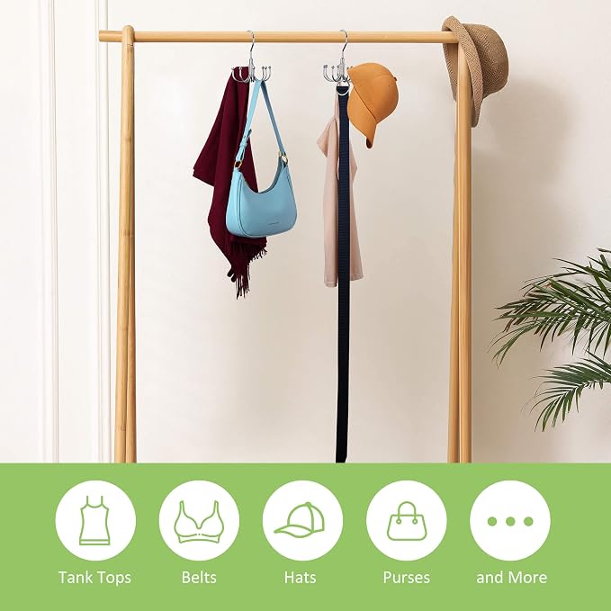Belt Hanger, Rotatable Belt Organizer Rack for Closet Sturdy Max 24 Belts Storage with 8 Hooks, Hanging Space Saving Closet Organizers for Belts Holder, Silver