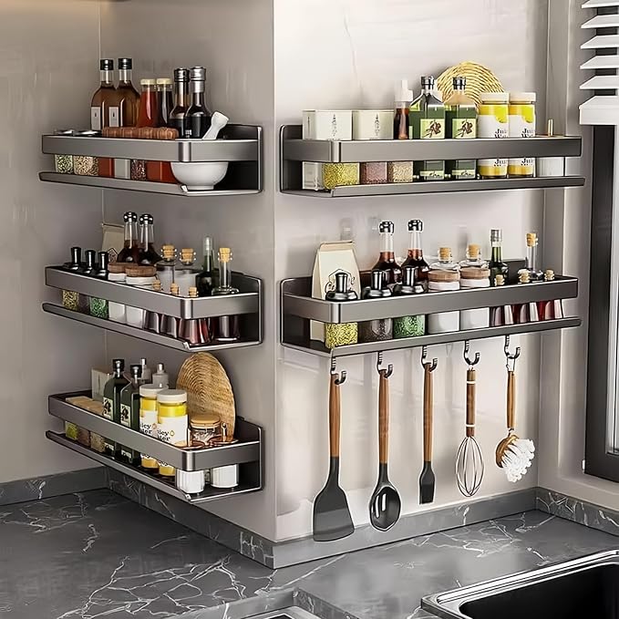 Adhesive Wall Mount Spice Rack for Kitchen, No-Drill 11.8” Carbon Steel Stove Shelf, Wall Mounted Spice Organizer with Guardrail, Self-Adhesive Seasoning Rack for Cabinet/Bathroom, Dark Gray