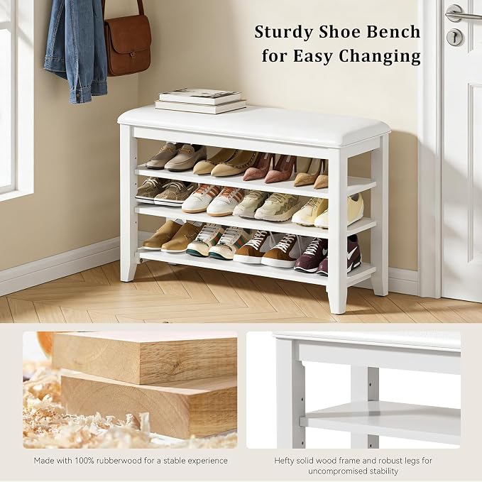 Taitiy Entryway Shoe Storage Bench, Shoe Organizer Bench for Entryway, Ideal for Hallways Front Doors Entrances Mudrooms Featuring Rubberwood and 3 Height-Adjustable & Removable Shelve