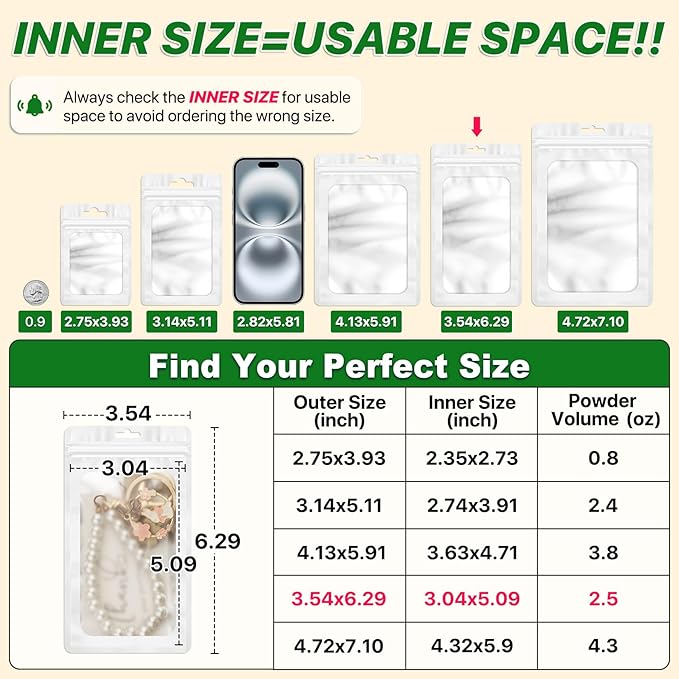 ANZNKU 100 PCS Resealable Mylar Bags with Frosted Clear Window Packaging Bags Foil Pouch Zipper Bag for Food Self Sealing Storage Supplies (3.54x6.29, White)