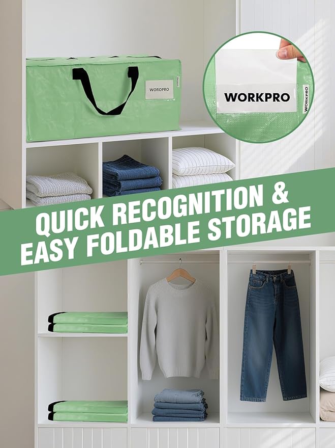 WORKPRO 2 Pack Extra Large Moving Bags with Zippers & Carrying Handles Backpack Straps, Heavy-Duty Storage Tote for Space Saving & Storage, Alternative to Moving Box (Green)