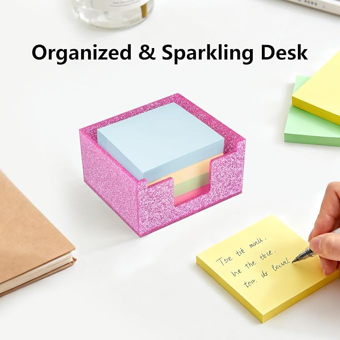Acrylic Sticky Note Holder 4x4in Tray for Desk, Rose Pink Glitter | Sparkling glitter acrylic tray, fits 3x3 sticky notes, compact organizer for office school and home