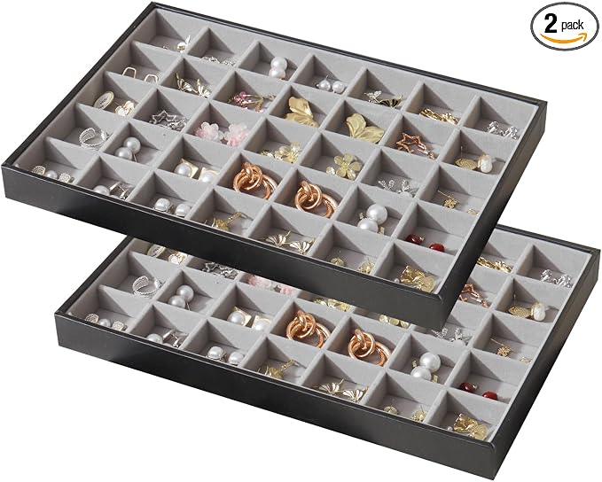 Large Jewelry Organizer Tray 2 Pack, Stackable Jewelry Storage Holder for Drawer Inserts, PU Leather Velvet Jewellery Display Case for Earring Bracelet Necklace Ring (Black Gray, 35 Grids)