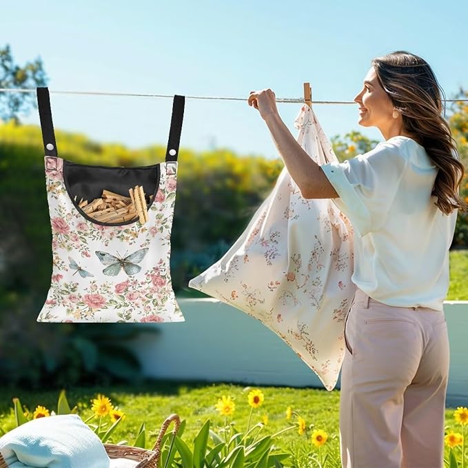 Butterfly Rose Space-Saving Laundry Clothespin Bag, Waterproof Polyester Material, 2 Rope for Hanging and Effortlessly Sliding on The Clothesline Clothespin Holder for Outdoor