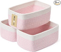 MiniArk Small Storage Baskets for Organizing | Closet Organizer Bins | Shelf Toy Basket | Woven Rope Baskets | Cube Decorative Box | Shallow Basket | 11.5x7.5x4.7” | 3 Packs White Pink