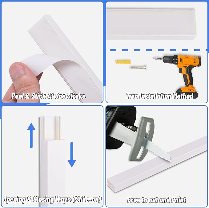 Cable Raceway Kit 628 Inch Cord Cover Channel Paintable Wire Hider | L15.7 x W0.95 x H0.55in Cable Concealer, Hide TV Wires & Power Cords, Wall Mount Cord Management for Home Office