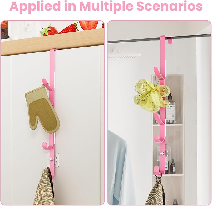 Kaiferty Over The Door Hooks, Metal Door Hooks for Hanging, Over The Door Purse Organizer for Door Coat Hanger, Back of Shower for Hanging Towel Rack Clothes, Hat, Bathroom, Closet (Pink-2Packs)