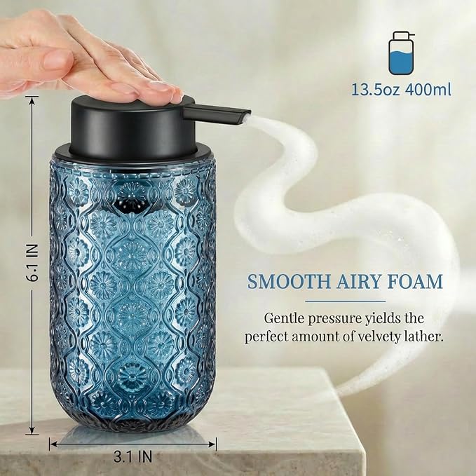 Blue Glass Foaming Hand Soap Dispenser with Matte Black Pump Thick Embossed Bottle Refillable for Bathroom and Kitchen Decor 13.5 oz