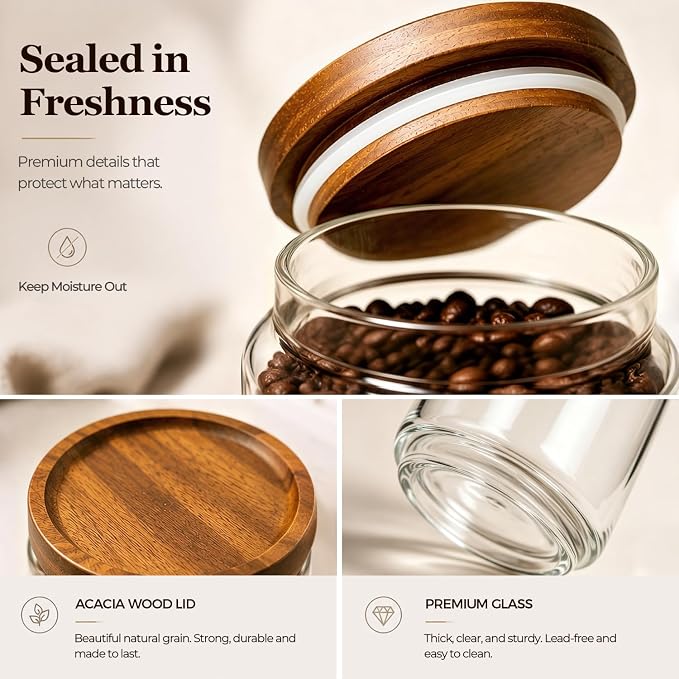 ComSaf Glass Jar with Acacia Wood Lid 34oz 1Pack, Food Storage Container | 1L Canister, Oats Coffee Sugar Pasta Candy Cookies Nuts, Kitchen Pantry, Decorative, Countertop Display, Food-Grade, Label