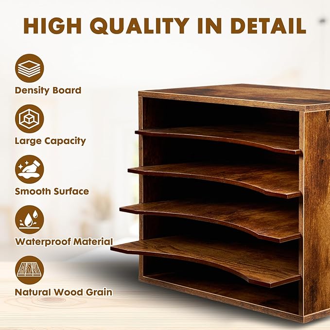 EMERIT Paper Organzier Wood Desktop Organizer Storage Letter Tray File Sorter with Adjustable Shelves for Home Office