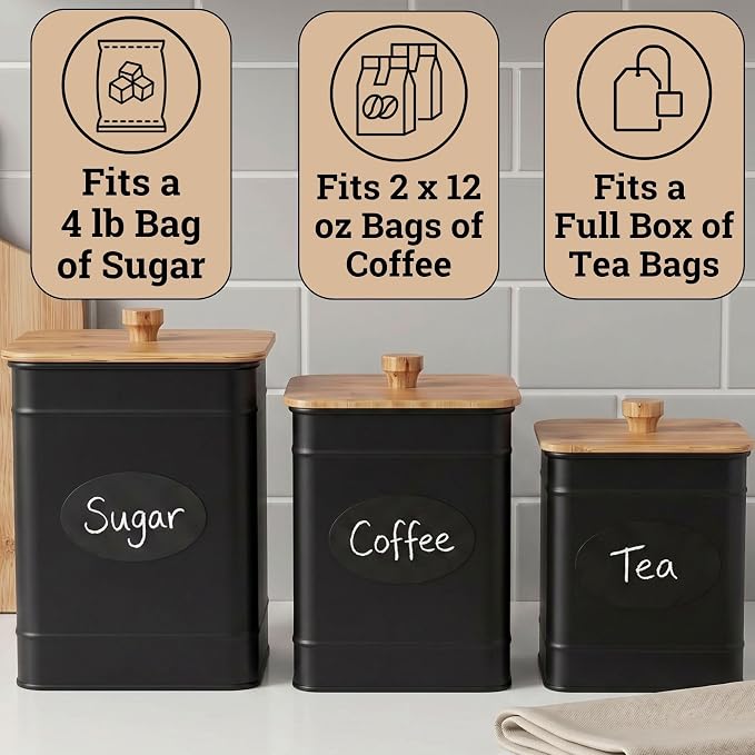 Kitchen Canisters for Countertop Set of 3 w/ Chalkboard Labels & Marker Pen | Airtight Easy Open Bamboo Lids, Dent-Resistant Thick Metal, Customizable Chalkboard Labels, Marker Pen Included, Set of 3