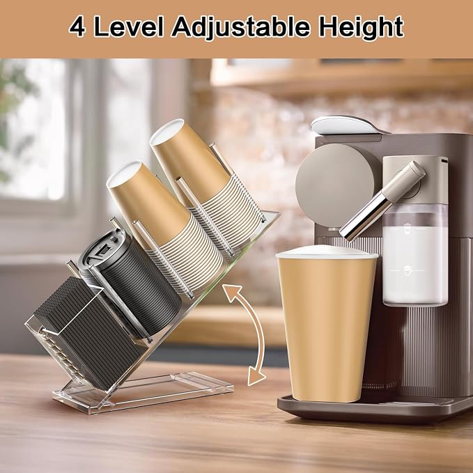 Acrylic Cup and Lid Holder with Straw Organizer, Adjustable Coffee Cup Holder Organizer, 5 Compartment Cup Dispenser for Disposable Paper & Plastic Cups, for Station Home Countertop(Patent in Effect)