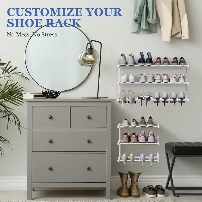 3 Pack Wall Mounted Shoe Rack, 3 Tier Hanging Shoe Rack Holds 36 Pairs, 17"-30"Adjustable Heavy Duty Metal Shoe Organizer Holder with 6 Storage Hooks, Space Saving for Closet Entryway Doorway（White)