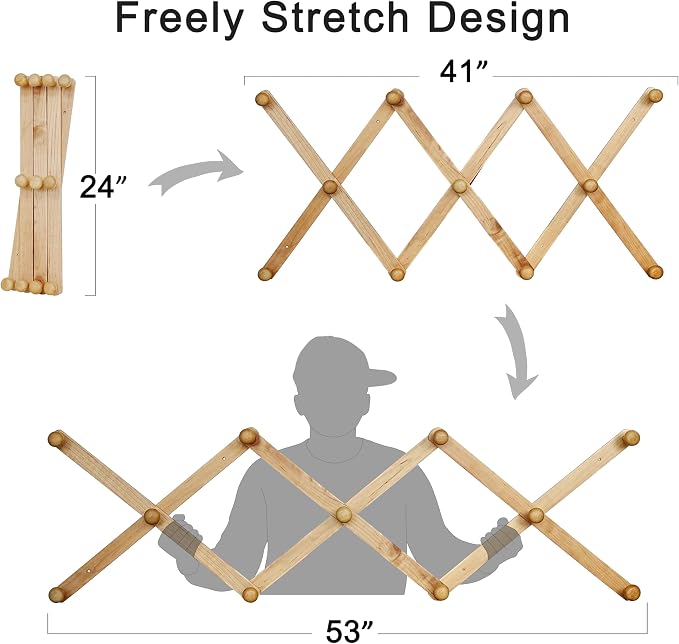 SKOLOO Hat Rack for Wall with 11 Hooks, 24 inch Solid Wooden, Modern, Huge Coat Rack Wall Mount for Coats, Hats, Bags, Cowboy Caps, Baseball Caps, Walnut Color