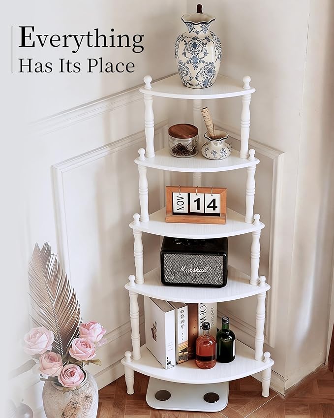 White Corner Shelf, 5-Tier Corner Bookshelf, 60" Tall | 100% Solid Wood Ladder Shelf, Small Vintage Freestanding Bookshelf Plant Stand for Living Room, Home Office, Bedroom