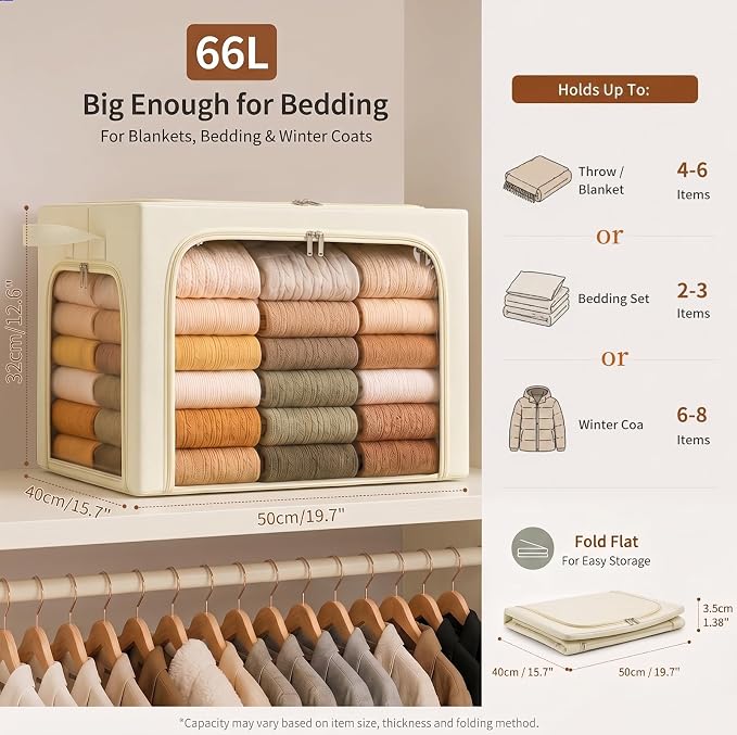 GoMaihe 3 Opening Clothes Storage Bins with Metal Frame, 66L Blanket Storage Organizer for Walk-in Closet Large Storage Boxes with Clear Window for Bedding Winter Clothing 3-Pack Beige
