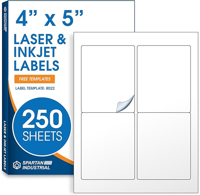 4" X 5" Matte White Printable Shipping Labels (250 Sheets, 1000 Stickers) Address and Mailing Labels for Laser & Inkjet Printers - Spartan Industrial Template R022
