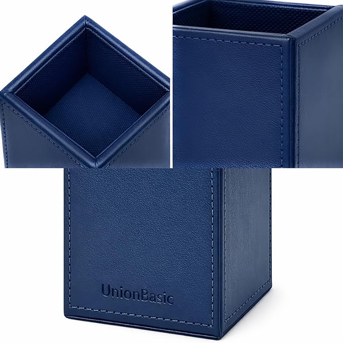 UnionBasic Square Pen Holder, Leather Pencil Cup, Desktop Caddy Stationery Organizer, True Blue