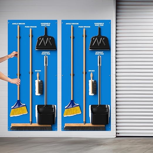 Clean & Sweep 5S Shadow Board/Wall Mount Broom Holder, 68" x 30" Board, 5S Cleaning Station - with Broom and Dustpan Set Included, Made in The USA by AccuformNMC, Blue/White, PSB716BUWT