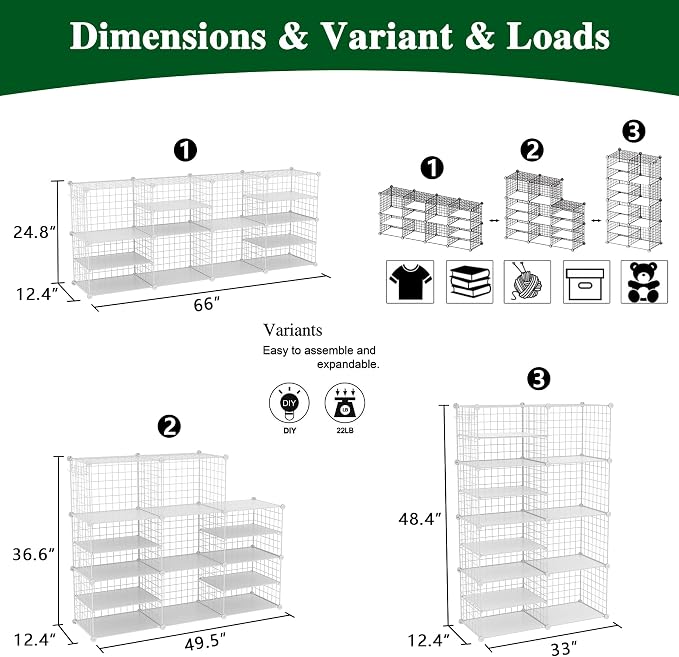 C&AHOME Wire Cube Storage Unit,Interlocking Metal Wire with Divider, White | Modular Cabinet with Plastic Panels Bookshelf Stackable Closet Organizer with Small Hooks