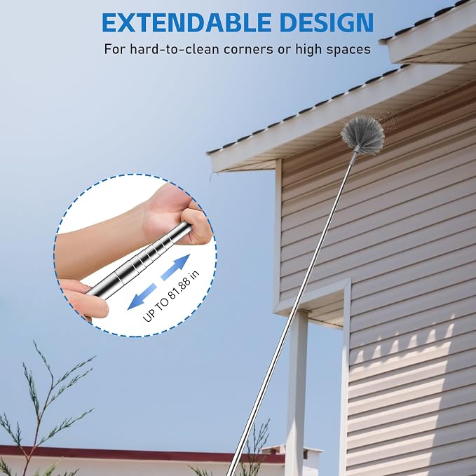 SetSail Cobweb Duster with Extension Pole, Retractable Dusters for Cobweb Cleaning 90-inch Long Handle Spider Web Brush for Outdoor Indoor High Ceilings, Grey