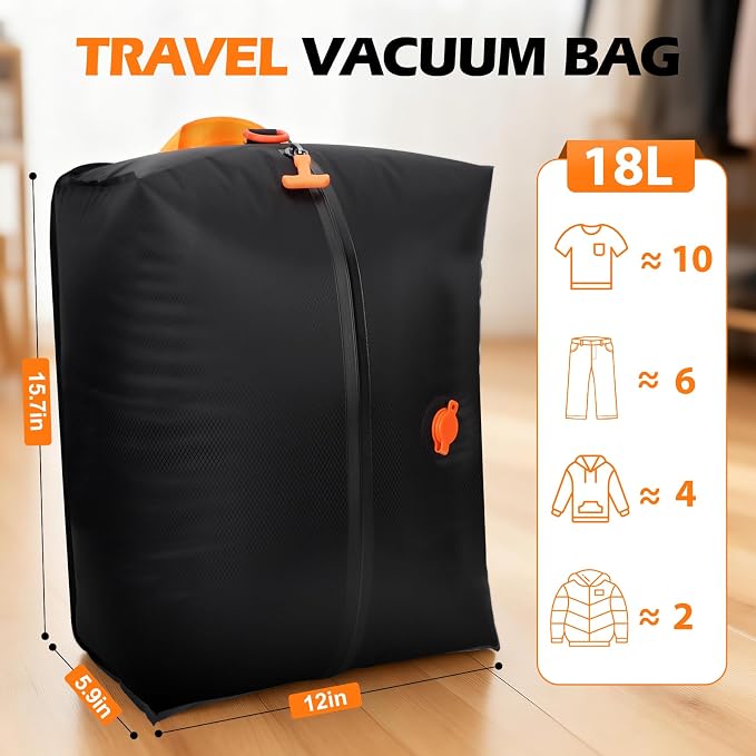 Fantictas Vacuum Travel Bags Kit (2 Pack) - 18L Waterproof & Tear Resistant Travel Compression Bags with Wireless Vacuum Pump for luggage & Backpacks, Space Saving Vacuum Storage Bags